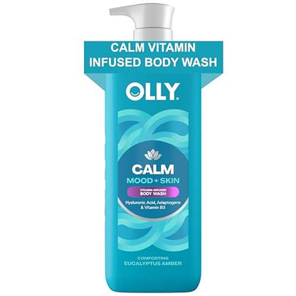 OLLY Calm Body Wash mit Hyaluronsäure, Adaptogenen & Vitamin B3 – Nährende Reinigung für Hautbarriere-Reparatur, intensive Feuchtigkeit, Eukalyptus-Amber-Duft, 480 ml