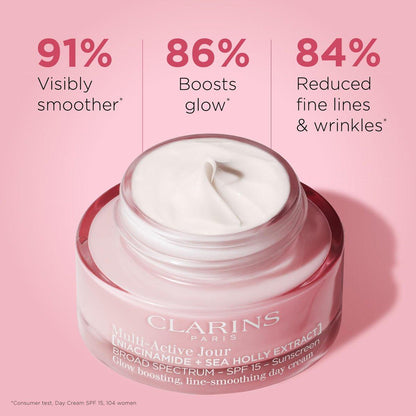 Clarins Multi-Active Tagescreme SPF 15 mit Niacinamid | Glättet feine Linien | Strafft sichtbar die Poren | Ebenmäßiger Teint und Textur | Fördert den Glow | Stärkt die Feuchtigkeitsbarriere | Alle Hauttypen | 48 ml