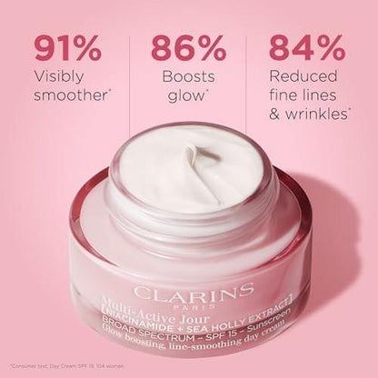 Clarins Multi-Active Tagescreme SPF 15 mit Niacinamid | Glättet feine Linien | Strafft sichtbar die Poren | Ebenmäßiger Teint und Textur | Fördert den Glow | Stärkt die Feuchtigkeitsbarriere | Alle Hauttypen | 48 ml
