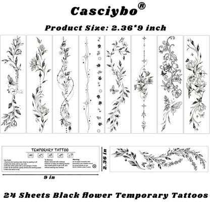 Casciybo Blumen-Tattoos für Frauen – 24 Blätter Schwarz Blatt Wildpflanzen Skizze Realistische temporäre Tattoo-Aufkleber wasserdicht für Arm Schlüsselbein Bein Wirbelsäule Körperkunst
