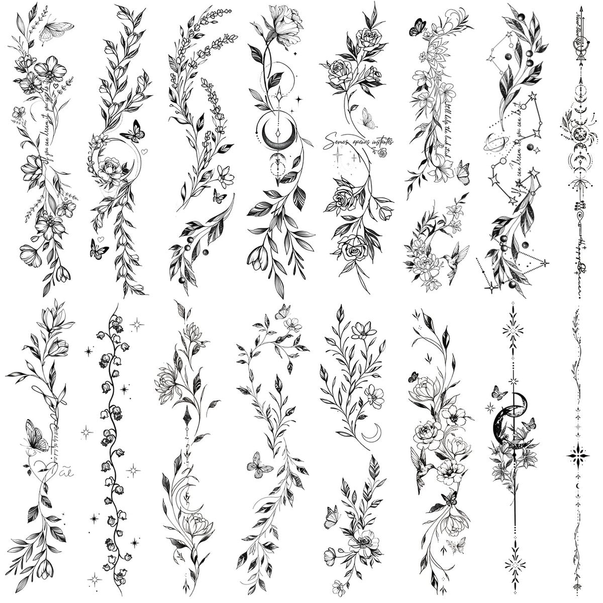 Casciybo Blumen-Tattoos für Frauen – 24 Blätter Schwarz Blatt Wildpflanzen Skizze Realistische temporäre Tattoo-Aufkleber wasserdicht für Arm Schlüsselbein Bein Wirbelsäule Körperkunst