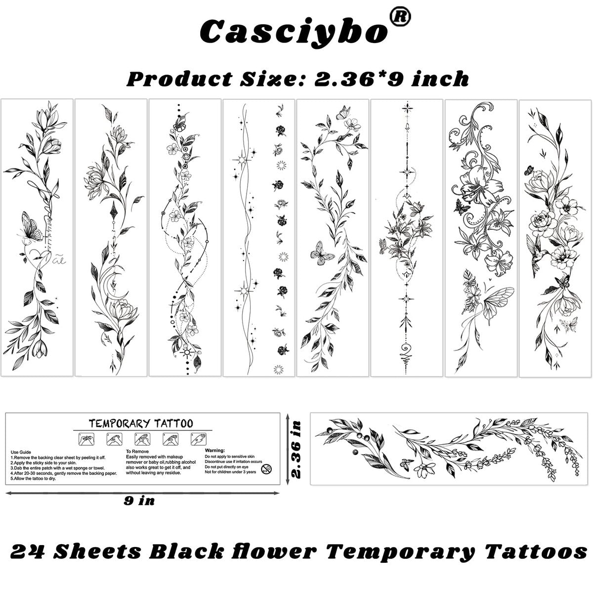 Casciybo Blumen-Tattoos für Frauen – 24 Blätter Schwarz Blatt Wildpflanzen Skizze Realistische temporäre Tattoo-Aufkleber wasserdicht für Arm Schlüsselbein Bein Wirbelsäule Körperkunst