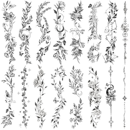 Casciybo Blumen-Tattoos für Frauen – 24 Blätter Schwarz Blatt Wildpflanzen Skizze Realistische temporäre Tattoo-Aufkleber wasserdicht für Arm Schlüsselbein Bein Wirbelsäule Körperkunst