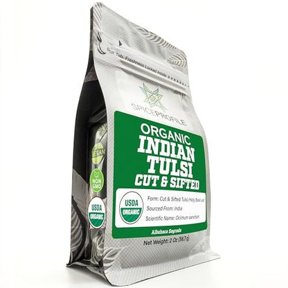 Spice Profile USDA Bio Indisches Tulsi / Heiliges Basilikum geschnitten & gesiebt, 2 oz, laborgeprüft auf Schwermetalle, Ocimum sanctum