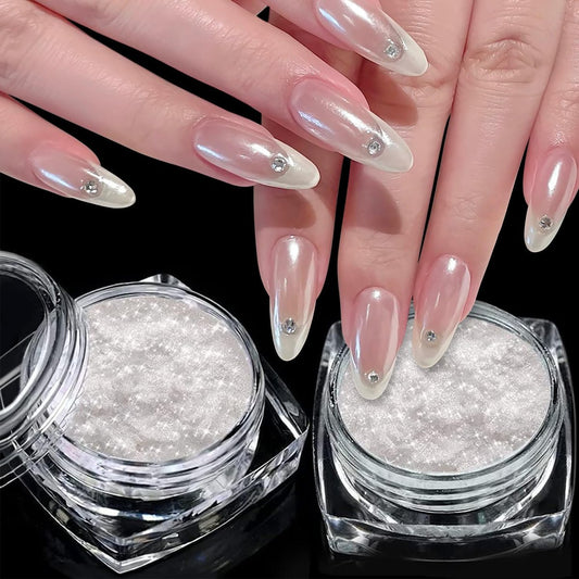 2 Gläser Weiß Klar Chrome Nagelpuder Set 1g Transparenter Glasspiegel-Effekt Aurora Perle Chrome Puder für Nägel Glitzerpigment Acrylpuder für Gel-Nagellack Nagelkunst-Design mit 2 Werkzeugen