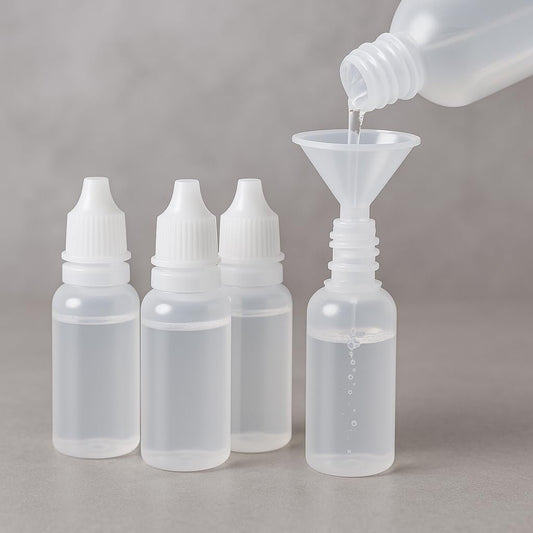 5 Stück (4 Flaschen + 1 Trichter) 15 ml (0,5 oz) Kleine Plastik-Tropfflaschen - Leere, weiße Augentropfflaschen, Quetschbar & tragbar für Reisen, Nachfüllbar mit Verschluss und Stopfen