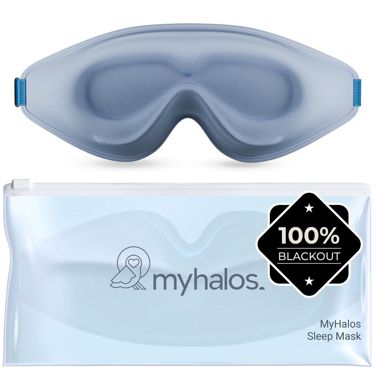 MyHalos® Schlafmaske – 3D Blackout Augenmaske für Frauen & Männer, Seiten Schläfer, Null Druck Memory Foam Wimpernfreundlich, Atmungsaktiv, Ausgezeichnete Schlafhilfe für Reisen (Hellblau, 1 Stück)