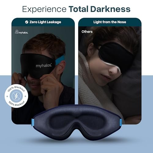 MyHalos® Schlafmaske – 3D Blackout Augenmaske für Frauen & Männer, Seiten- und Rückenschläfer, Null Druck Memory Foam, Wimpernfreundlich, Atmungsaktiv, preisgekröntes Schlafhilfe für Reisen (Navy Blau, 1 Stück)