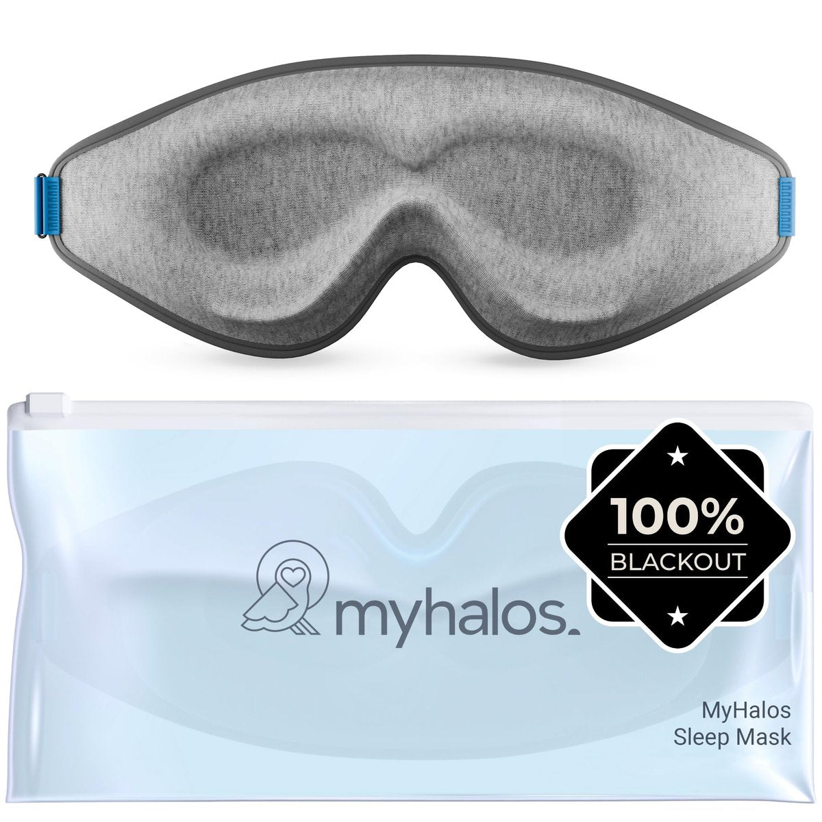 MyHalos® Schlafmaske – 3D Blackout Augenmaske für Frauen & Männer, Seitenschläfer, Null Druck Memory-Schaum, Wimpernfreundlich, Atmungsaktiv, preisgekrönte Schlafhilfe für Reisen (Grau, 1 Stück)