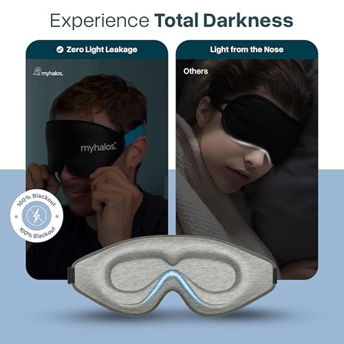 MyHalos® Schlafmaske – 3D Blackout Augenmaske für Frauen & Männer, Seitenschläfer, Null Druck Memory-Schaum, Wimpernfreundlich, Atmungsaktiv, preisgekrönte Schlafhilfe für Reisen (Grau, 1 Stück)
