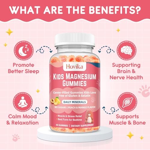 Hovika Magnesium Glycinat Gummibärchen für Kinder: Beruhigendes Magnesium für Kinder & Erwachsene mit Zinkcitrat, GABA, Kamille, Vitamin B6 & C – Schlaf, Entspannung & Fokus, Saftiger Pfirsich- & Mangogeschmack, 60 Stück