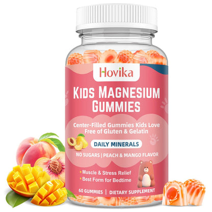 Hovika Magnesium Glycinat Gummibärchen für Kinder: Beruhigendes Magnesium für Kinder & Erwachsene mit Zinkcitrat, GABA, Kamille, Vitamin B6 & C – Schlaf, Entspannung & Fokus, Saftiger Pfirsich- & Mangogeschmack, 60 Stück