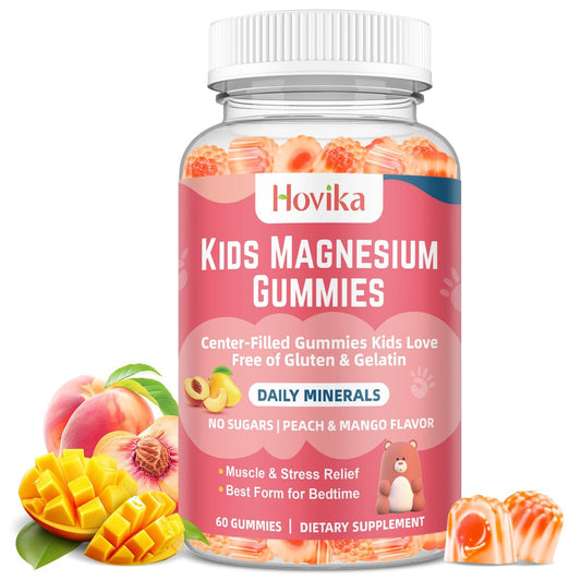 Hovika Magnesium Glycinat Gummibärchen für Kinder: Beruhigendes Magnesium für Kinder & Erwachsene mit Zinkcitrat, GABA, Kamille, Vitamin B6 & C – Schlaf, Entspannung & Fokus, Saftiger Pfirsich- & Mangogeschmack, 60 Stück