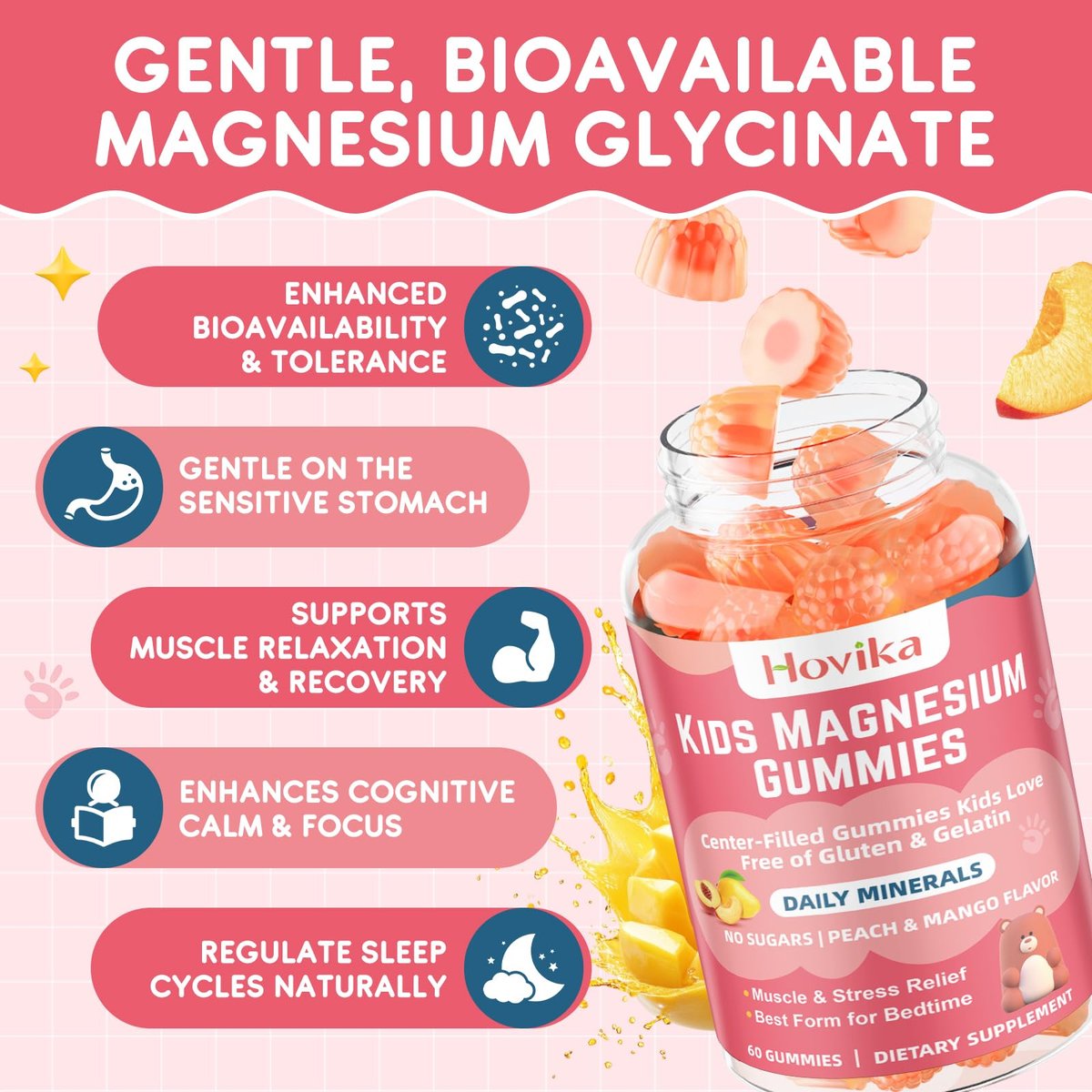 Hovika Magnesium Glycinat Gummibärchen für Kinder: Beruhigendes Magnesium für Kinder & Erwachsene mit Zinkcitrat, GABA, Kamille, Vitamin B6 & C – Schlaf, Entspannung & Fokus, Saftiger Pfirsich- & Mangogeschmack, 60 Stück
