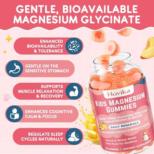 Hovika Magnesium Glycinat Gummibärchen für Kinder: Beruhigendes Magnesium für Kinder & Erwachsene mit Zinkcitrat, GABA, Kamille, Vitamin B6 & C – Schlaf, Entspannung & Fokus, Saftiger Pfirsich- & Mangogeschmack, 60 Stück