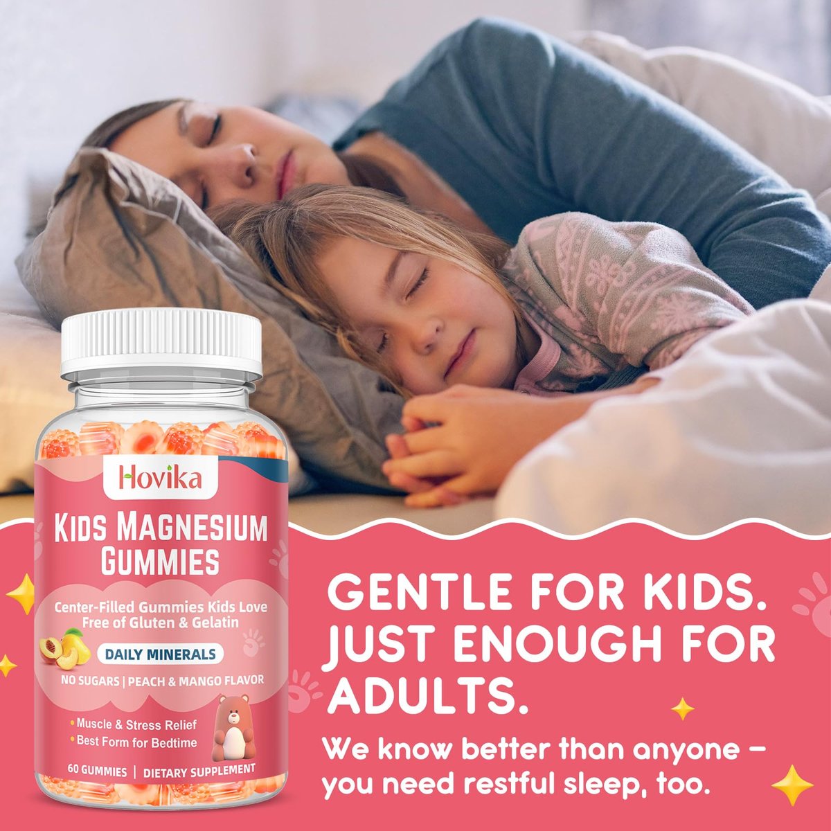 Hovika Magnesium Glycinat Gummibärchen für Kinder: Beruhigendes Magnesium für Kinder & Erwachsene mit Zinkcitrat, GABA, Kamille, Vitamin B6 & C – Schlaf, Entspannung & Fokus, Saftiger Pfirsich- & Mangogeschmack, 60 Stück