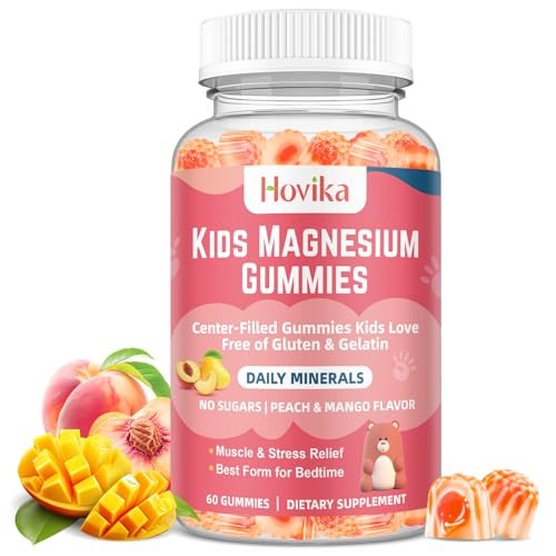 Hovika Magnesium Glycinat Gummibärchen für Kinder: Beruhigendes Magnesium für Kinder & Erwachsene mit Zinkcitrat, GABA, Kamille, Vitamin B6 & C – Schlaf, Entspannung & Fokus, Saftiger Pfirsich- & Mangogeschmack, 60 Stück