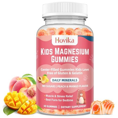 Hovika Magnesium Glycinat Gummibärchen für Kinder: Beruhigendes Magnesium für Kinder & Erwachsene mit Zinkcitrat, GABA, Kamille, Vitamin B6 & C – Schlaf, Entspannung & Fokus, Saftiger Pfirsich- & Mangogeschmack, 60 Stück