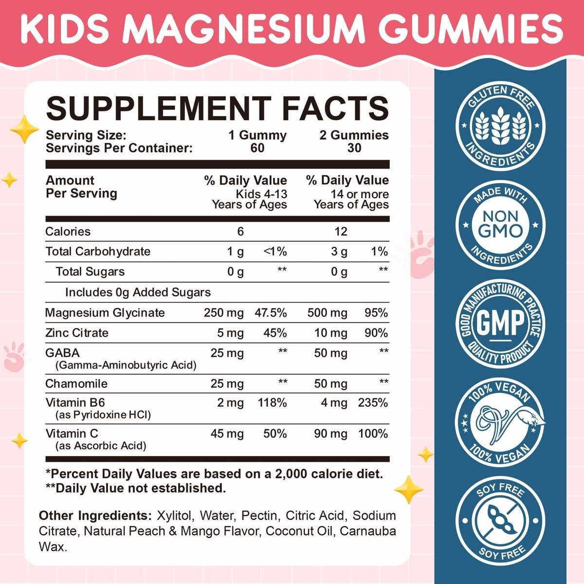 Hovika Magnesium Glycinat Gummibärchen für Kinder: Beruhigendes Magnesium für Kinder & Erwachsene mit Zinkcitrat, GABA, Kamille, Vitamin B6 & C – Schlaf, Entspannung & Fokus, Saftiger Pfirsich- & Mangogeschmack, 60 Stück