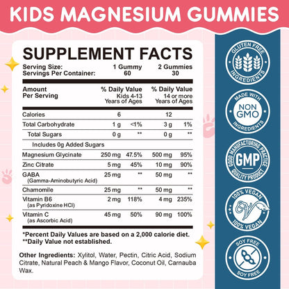 Hovika Magnesium Glycinat Gummibärchen für Kinder: Beruhigendes Magnesium für Kinder & Erwachsene mit Zinkcitrat, GABA, Kamille, Vitamin B6 & C – Schlaf, Entspannung & Fokus, Saftiger Pfirsich- & Mangogeschmack, 60 Stück