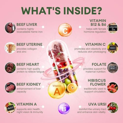 Totaria Frauen Organ Supplement – Rinderleber, Niere, Herz, Gebärmuttergewebe – Hormonbalance & Energie – Weidehaltung, Grasgefüttert – Natürliches Eisen mit Folsäure – 120 Kapseln