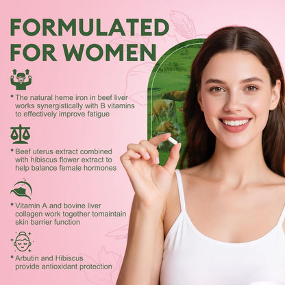 Totaria Frauen Organ Supplement – Rinderleber, Niere, Herz, Gebärmuttergewebe – Hormonbalance & Energie – Weidehaltung, Grasgefüttert – Natürliches Eisen mit Folsäure – 120 Kapseln