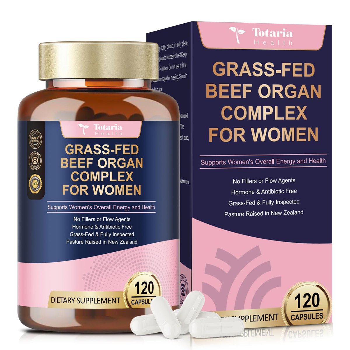 Totaria Frauen Organ Supplement – Rinderleber, Niere, Herz, Gebärmuttergewebe – Hormonbalance & Energie – Weidehaltung, Grasgefüttert – Natürliches Eisen mit Folsäure – 120 Kapseln