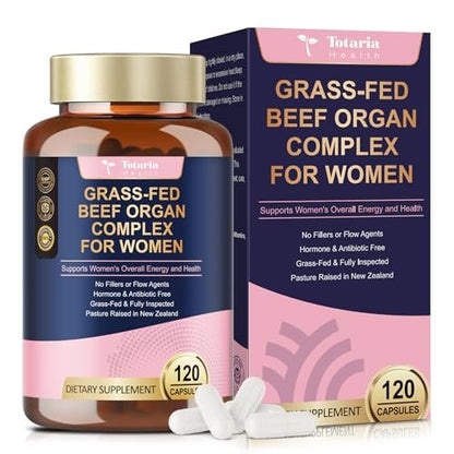 Totaria Frauen Organ Supplement – Rinderleber, Niere, Herz, Gebärmuttergewebe – Hormonbalance & Energie – Weidehaltung, Grasgefüttert – Natürliches Eisen mit Folsäure – 120 Kapseln