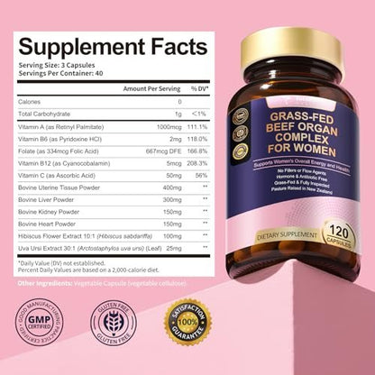 Totaria Frauen Organ Supplement – Rinderleber, Niere, Herz, Gebärmuttergewebe – Hormonbalance & Energie – Weidehaltung, Grasgefüttert – Natürliches Eisen mit Folsäure – 120 Kapseln