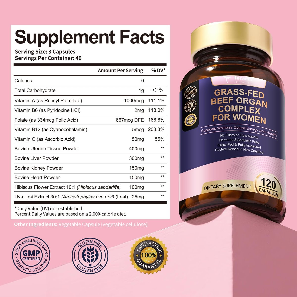 Totaria Frauen Organ Supplement – Rinderleber, Niere, Herz, Gebärmuttergewebe – Hormonbalance & Energie – Weidehaltung, Grasgefüttert – Natürliches Eisen mit Folsäure – 120 Kapseln