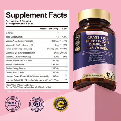 Totaria Frauen Organ Supplement – Rinderleber, Niere, Herz, Gebärmuttergewebe – Hormonbalance & Energie – Weidehaltung, Grasgefüttert – Natürliches Eisen mit Folsäure – 120 Kapseln