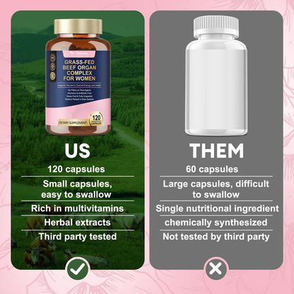 Totaria Frauen Organ Supplement – Rinderleber, Niere, Herz, Gebärmuttergewebe – Hormonbalance & Energie – Weidehaltung, Grasgefüttert – Natürliches Eisen mit Folsäure – 120 Kapseln