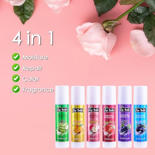 LIAYLILI 6er-Pack Lippenbalsam, Fruchtgeschmack, Feuchtigkeitsspendend, mit Vitamin E und Kokosöl für trockene Lippen