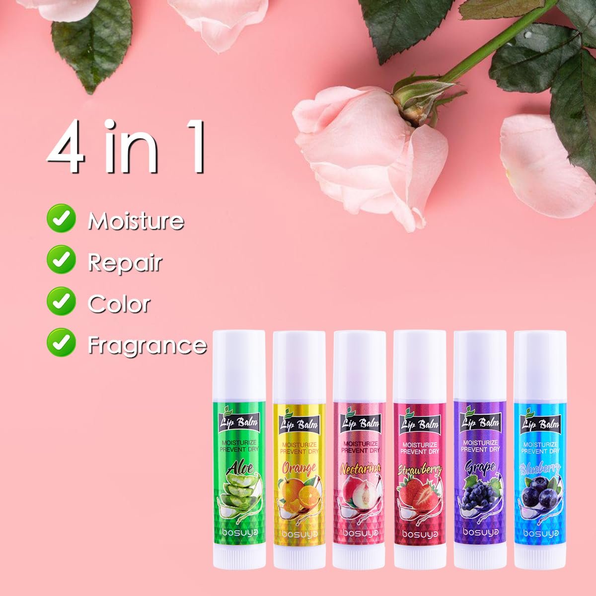 LIAYLILI 6er-Pack Lippenbalsam, Fruchtgeschmack, Feuchtigkeitsspendend, mit Vitamin E und Kokosöl für trockene Lippen