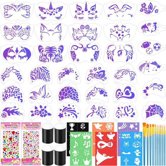55-teiliges Gesichtsbemalungs-Schablonen-Set – 33 wiederverwendbare Gesichtsmal-Schablonen, 6 Blatt Tattoo-Vorlagen-Aufkleber, 10 Pinsel, 2 Packungen Klebeglitzer, 4 Schwämme für Halloween, Feste und Partys