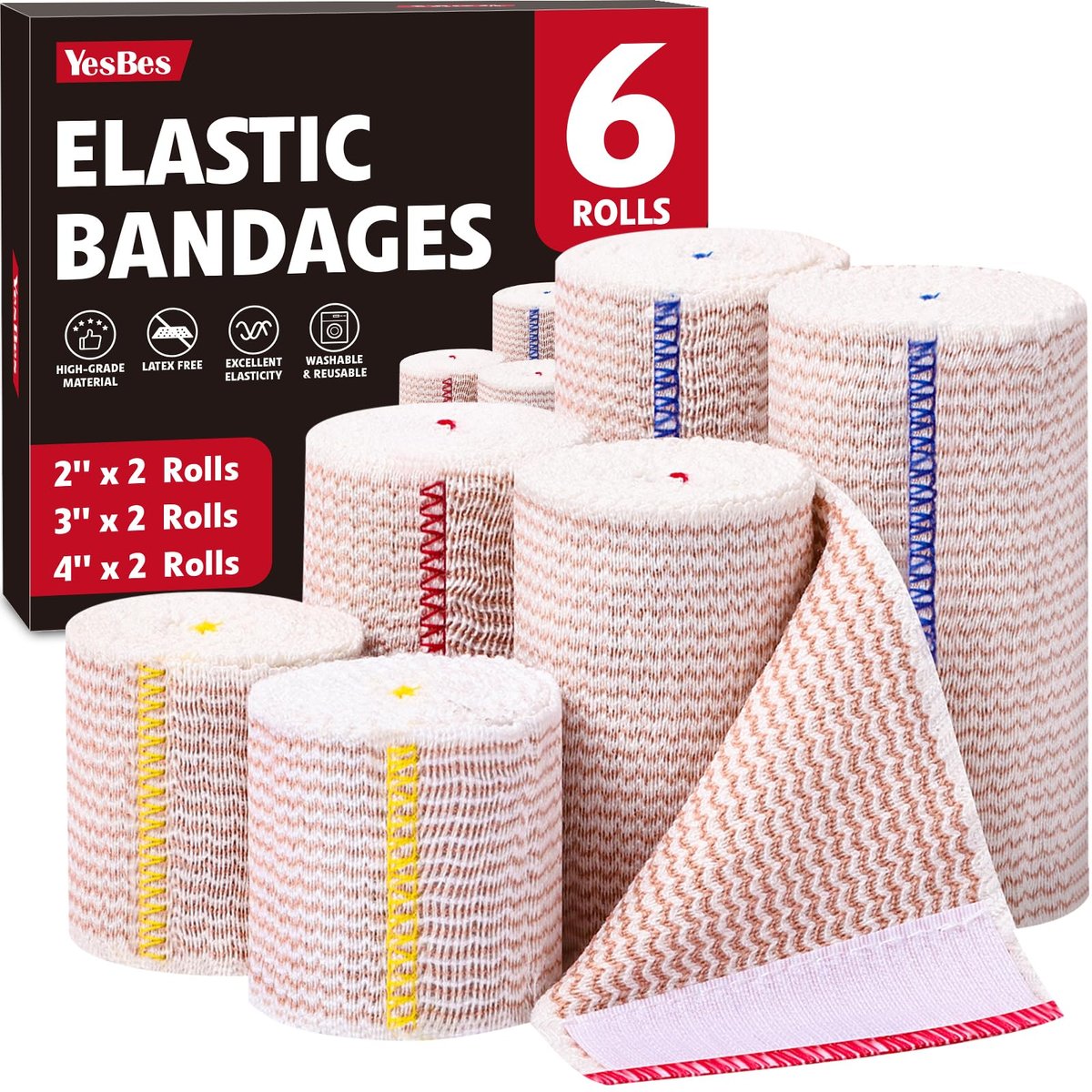 YesBes 6er-Pack Premium Elastische Binden (2x2, 2x3, 2x4) – Kompressionsbandagen für Beine, Knöchel, Knie und Bauch