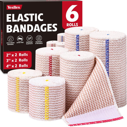 YesBes 6er-Pack Premium Elastische Binden (2x2, 2x3, 2x4) – Kompressionsbandagen für Beine, Knöchel, Knie und Bauch