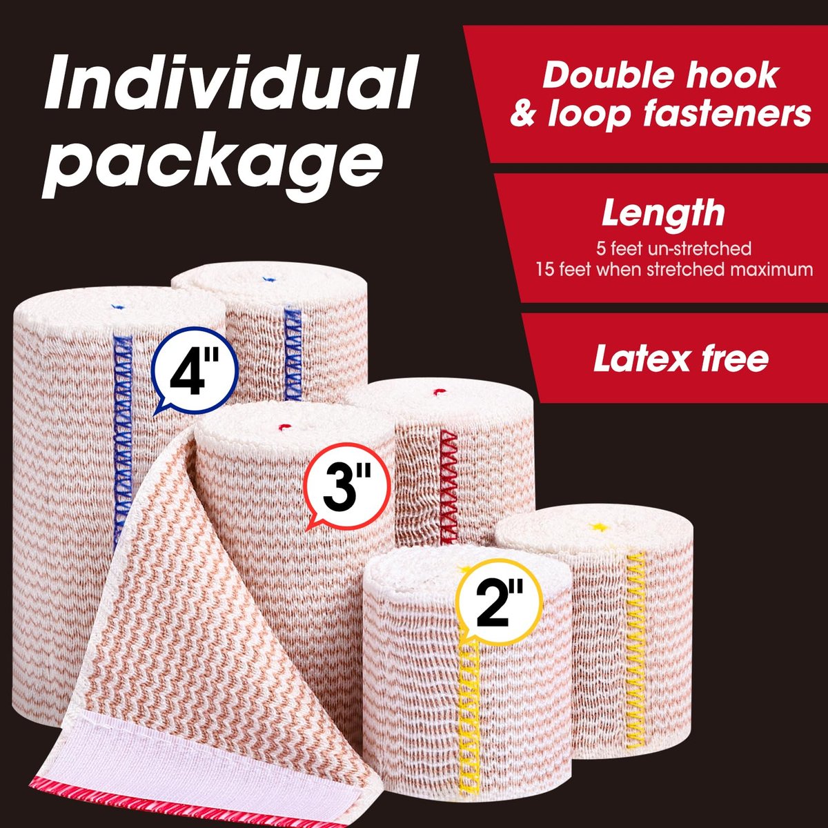 YesBes 6er-Pack Premium Elastische Binden (2x2, 2x3, 2x4) – Kompressionsbandagen für Beine, Knöchel, Knie und Bauch