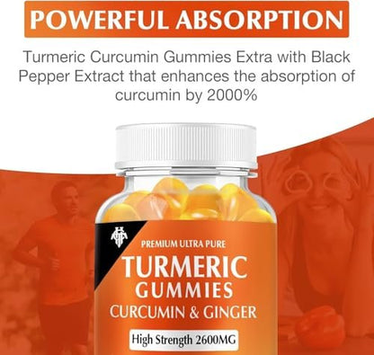 Turmeric Curcumin Gummies (2er Pack) – Kurkuma Curcumin Gummies mit Ingwer & Schwarzem Pfeffer für Immunsystem, Muskeln & gesunde Haut – Vegan, Glutenfrei, Zuckerarm – für Erwachsene