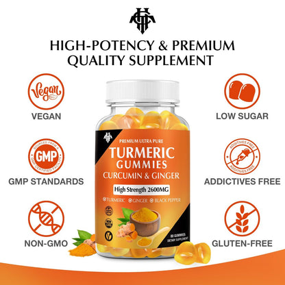 Turmeric Curcumin Gummies (2er Pack) – Kurkuma Curcumin Gummies mit Ingwer & Schwarzem Pfeffer für Immunsystem, Muskeln & gesunde Haut – Vegan, Glutenfrei, Zuckerarm – für Erwachsene