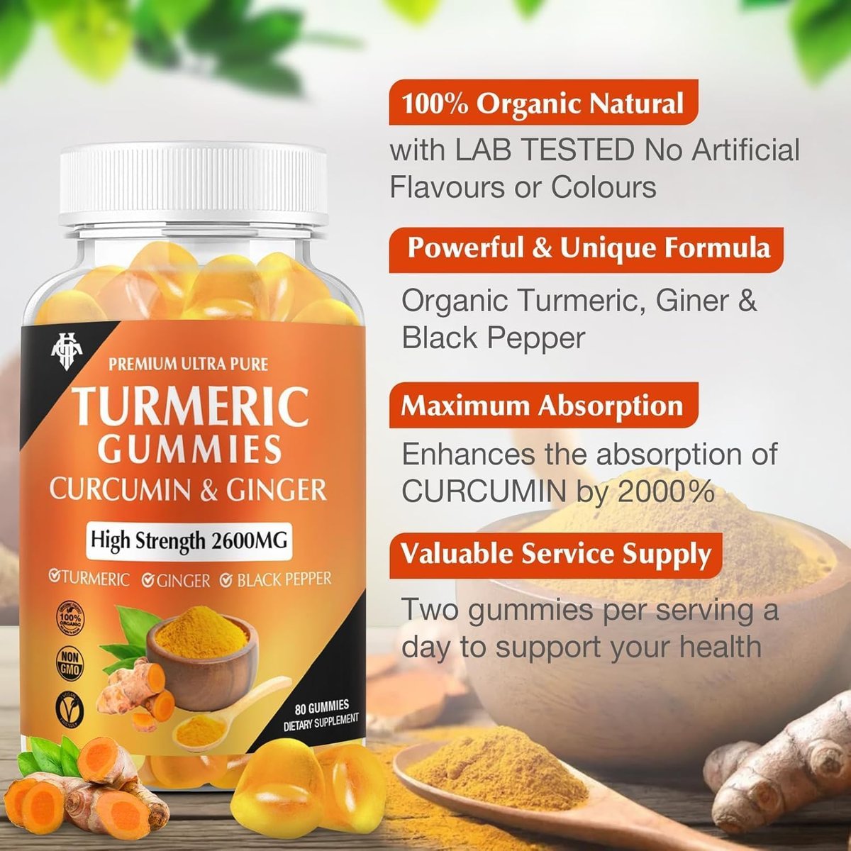Turmeric Curcumin Gummies (2er Pack) – Kurkuma Curcumin Gummies mit Ingwer & Schwarzem Pfeffer für Immunsystem, Muskeln & gesunde Haut – Vegan, Glutenfrei, Zuckerarm – für Erwachsene