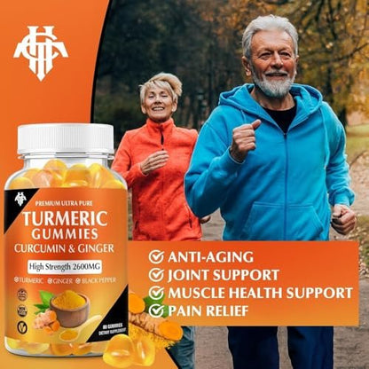 Turmeric Curcumin Gummies (2er Pack) – Kurkuma Curcumin Gummies mit Ingwer & Schwarzem Pfeffer für Immunsystem, Muskeln & gesunde Haut – Vegan, Glutenfrei, Zuckerarm – für Erwachsene