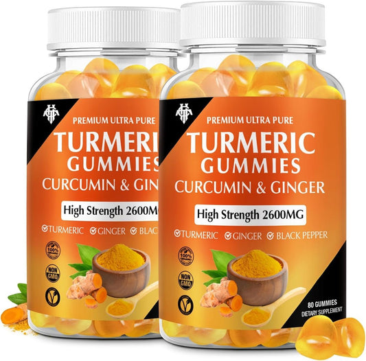 Turmeric Curcumin Gummies (2er Pack) – Kurkuma Curcumin Gummies mit Ingwer & Schwarzem Pfeffer für Immunsystem, Muskeln & gesunde Haut – Vegan, Glutenfrei, Zuckerarm – für Erwachsene