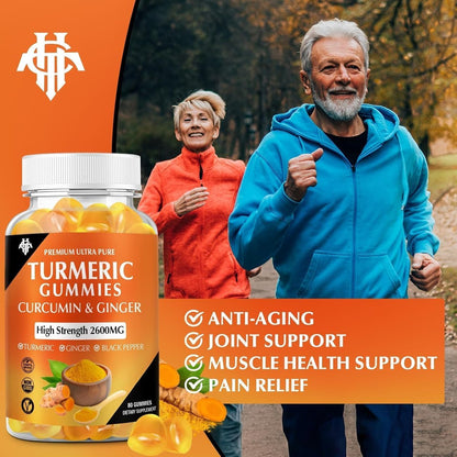 Turmeric Curcumin Gummies (2er Pack) – Kurkuma Curcumin Gummies mit Ingwer & Schwarzem Pfeffer für Immunsystem, Muskeln & gesunde Haut – Vegan, Glutenfrei, Zuckerarm – für Erwachsene