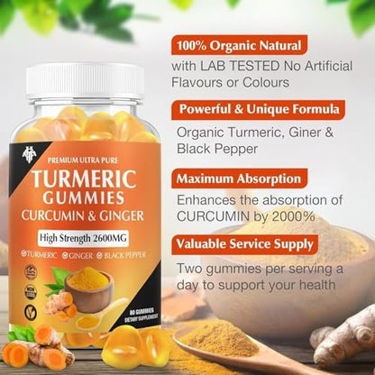 Turmeric Curcumin Gummies (2er Pack) – Kurkuma Curcumin Gummies mit Ingwer & Schwarzem Pfeffer für Immunsystem, Muskeln & gesunde Haut – Vegan, Glutenfrei, Zuckerarm – für Erwachsene
