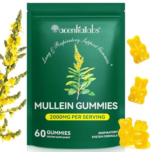 NIFEISHI Mullein Gummis für die Lunge, 2000mg Mullein Blattextrakt für Atemwegs-, Verdauungs- und Immununterstützung, natürliches Kräuterergänzungsmittel, Birnengeschmack, 60 Gummis