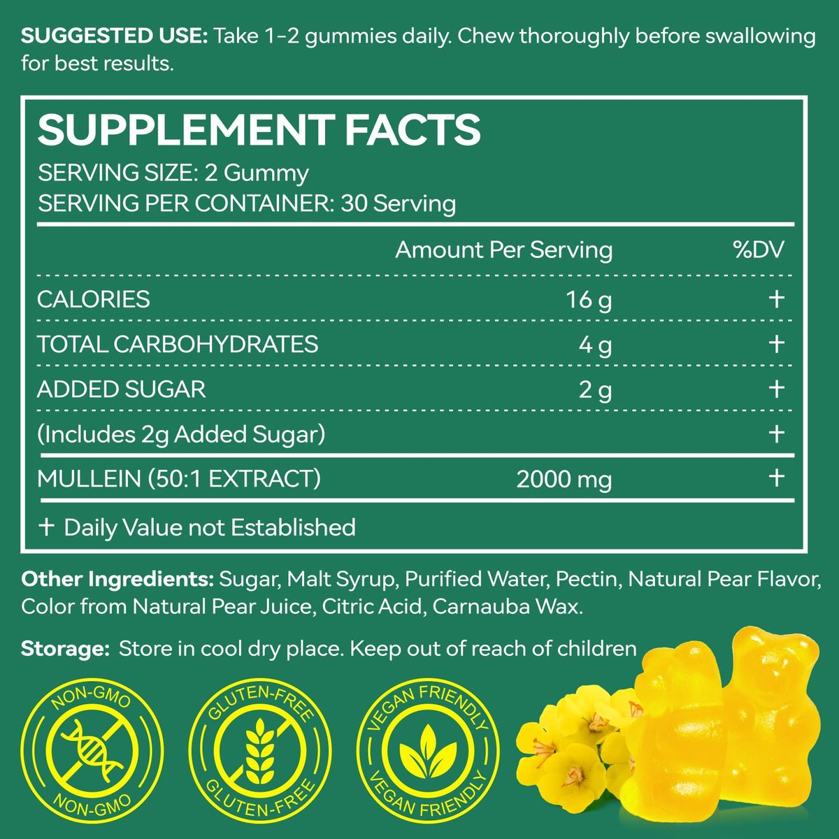 NIFEISHI Mullein Gummis für die Lunge, 2000mg Mullein Blattextrakt für Atemwegs-, Verdauungs- und Immununterstützung, natürliches Kräuterergänzungsmittel, Birnengeschmack, 60 Gummis