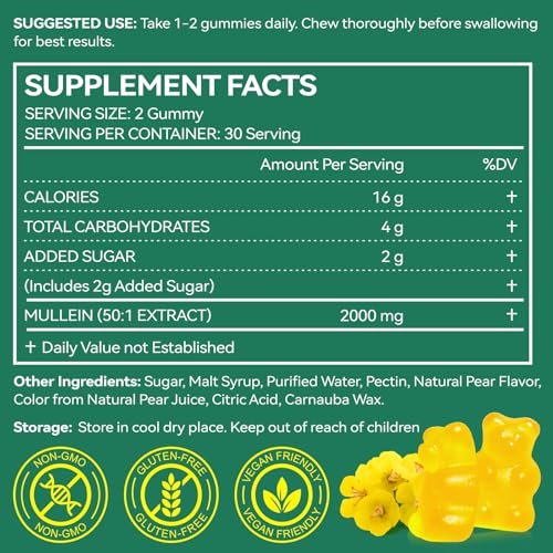 NIFEISHI Mullein Gummis für die Lunge, 2000mg Mullein Blattextrakt für Atemwegs-, Verdauungs- und Immununterstützung, natürliches Kräuterergänzungsmittel, Birnengeschmack, 60 Gummis