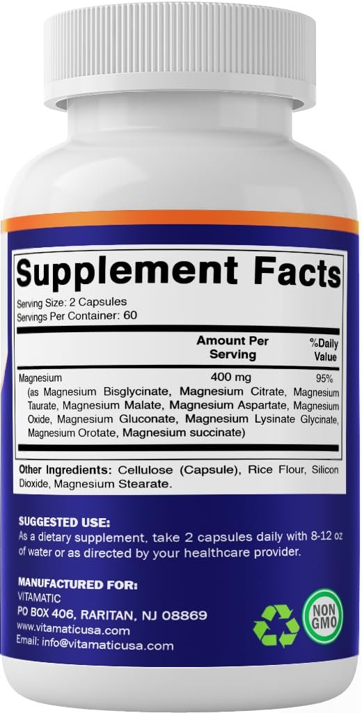 Vitamatic Magnesium Komplex 400 mg Elementares Mg – 120 Kapseln mit Bisglycinat, Citrat, Taurat, Malat, Aspartat, Oxid, Gluconat, Lysinatglycinat, Orotat, Succinat