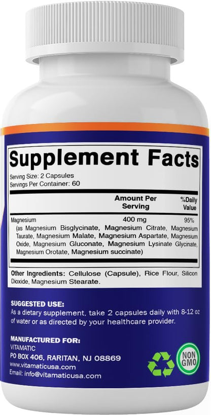 Vitamatic Magnesium Komplex 400 mg Elementares Mg – 120 Kapseln mit Bisglycinat, Citrat, Taurat, Malat, Aspartat, Oxid, Gluconat, Lysinatglycinat, Orotat, Succinat